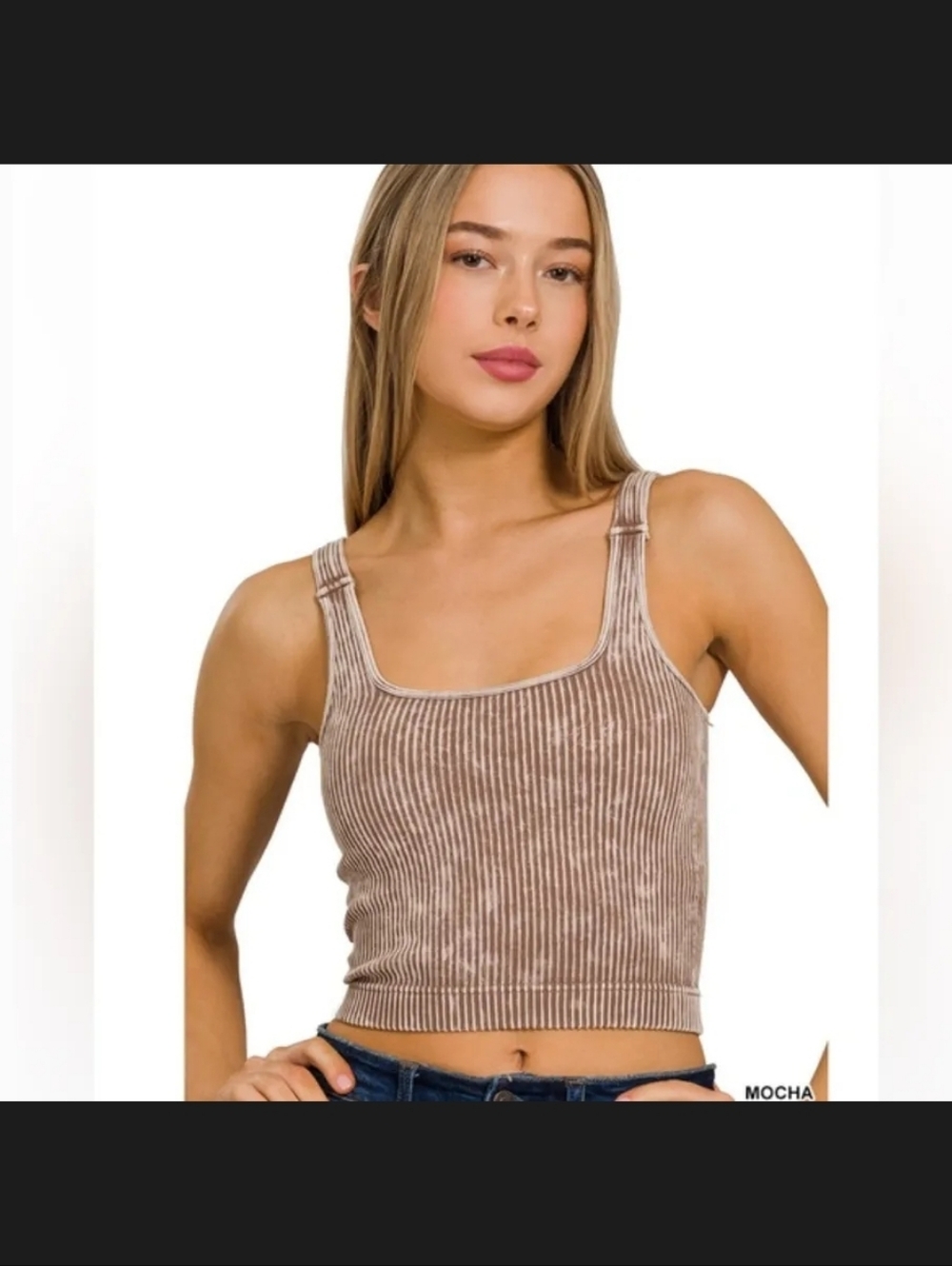 Zenana Brami Mocha Ribbed Seamless Saqure Neck With Removable Padding NWOT